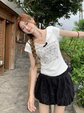 Sweet Sister Doll Collar Short-Sleeved T-Shirt Girl Shoulder 2026 Summer New Thin Girl Print Bow Small Top