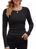 2025 Women's Women's New Ribs Cotton Fabric Base Round Neck Solid Long-Sleeved T-Shirt