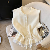 Soft-Gallow Light Gray Lace Lace Hem Spliced With Vest Women's Spring New Folding Loose Knitting Top