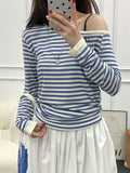 Korean Bumpy Stripes Irregular Lashed Shoulder Long-Sleeved T-Shirt Girl Spring New Waist Thin Temperament Blouse