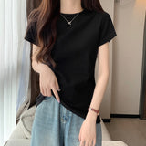 European Goods Shoulder T-Shirt Women's Short-Sleeved Summer 2026 New Round Neck Neckt Pure Cotton Basic Top