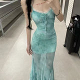 2025 Summer French Fresh Dyed Mesh Splicing Slings Long Skirts To Slimmed Hottie Fishtail Skirt