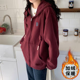 Plus Velvet Loose Hooded Jacket Women Autumn And Winter 2026 New Wine Red Zipper Open Shirt Thick Coat Women Lazy Wind