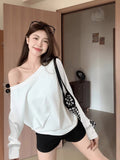 Lay-Shouldered Cotton Long-Sleeved T-Shirt Women's Autumn Pure Lusty Collarbone Lazy And Slacken The Bottom Shirt A Word On The Shoulder