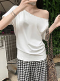 Korean Pure Cotton Oblique Shoulder Shoulder Two Short-Sleeved T-Shirt Women 2025 Summer Light And Cool Lazy Loose Top