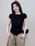 Irregular Round-Neck Short-Sleeved Ice Silk Knitted Women 2025 Summer New Fashion Ocean Design Feel Waist Top