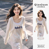 Unique To White Low-Necked Fake Two Knitted Shirt Girls Spring And Autumn Design Cartoon Print Long-Sleeved Top Sweater