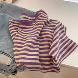 Striped Short-Sleeved Women's Summer Loose Shoulder T-Shirt Unique Design Sense Of Niche Body Half-Sleeved Top In Fashion