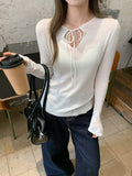 Tie Long-Sleeved Bow Tie Shirt Micro-Permeable V-Neck Knitted Bottom Shirt Women's Spring Style Top