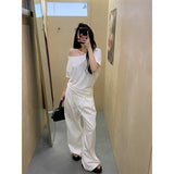 White Oblique Shoulder Short Sleeves Shoulder Collared Sexy T-Shirt Girl Summer Sweet Hot Girl Loose Meat Mask Top