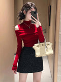 Red Small Open Shoulder Collar Knitted Bottom Shirt Woman With Autumn And Winter Unique French Sweet Hottie Top