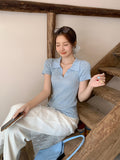 Polo Collar Front Shoulder Design Knitted Short-Sleeved T-Shirt For Women's New Summer 2026 Slimming Waist Top