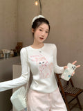 Cat Print Design Feels White Bottom Shoulder With Long-Sleeved T-Shirt 2026 Early Autumn New Thin Top
