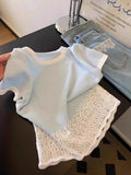 Korean Fresh Lace Side Splicing Hollow Short-Sleeved T-Shirt For Women's Summer French Ice Collar Collar