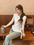 White Lotus Edge Irregular Hem Long-Sleeved T-Shirt Women 2026 Autumn Design Strap Folding Top