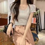 Solid Color Round Collar Front Shoulder T-Shirt Girls Summer Cotton Elastic Display Thin Babes Cover Short Sleeve Top