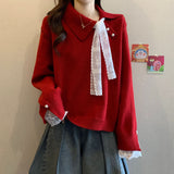 High-End Red Sweater Autumn And Winter 2025 New Large-Size Women's Fat Mm Beautiful Lace Spliced Knitted Shirt Top