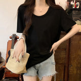 Summer New Cotton Short-Sleeved T-Shirt Women's White U-Collar Chic Loose Low-Neck Base Shirt Top