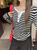 Round-Neck Striped Splicing Colliding Color Knitted Long-Sleeved T-Shirt For Women 2026 Early Autumn Button Design With A Sense Of Body On The Shoulders