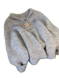 Lazy Wind Bull Horn Buckle Gray Collar Sweater Women Early Spring Large Fat Mm Shoulder Sleeves Thin Knitted Shirt