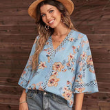 New Tat Lace Wind V Collar Bat Sleeve Print Casual T-Shirt Blouse Chiffon