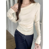 Korean Apricots In A Word Shoulder With Long-Sleeved T-Shirts Pure Desire To Collar Collar Clame Collars Embody Oblique Shoulder Temperament Top