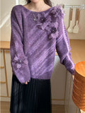 Korean Languid Three-Dimensional Flowers Purple Knitted Shirt Women 2025 Autumn And Winter New Loose Thin Sweater Top Tide