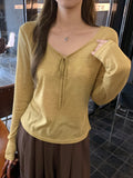 Pure Lust Wind Thin Slim Long-Sleeved T-Shirt Early Autumn Fashion Tying With Large Neckline Close Thin Inside Cloth