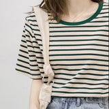 Short-Sleeved T-Shirt Women's Summer Thin 2026 New Loose Cotton Green Stripe Sympathizes With Women's Clothes