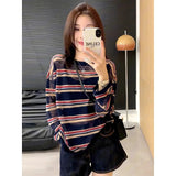 Clamming Striped Long-Sleeved Knitwear 2025 Summer New Gymp Hoodie Loose Round-Neck Sunscreen Shirt Top
