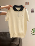 Super Nice Cute Embroidery POLO Collar Knitted Shirt Summer New Button Hood Repair On The Shoulder Short Sleeve Top