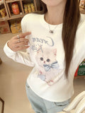 Cat Print Design Feels White Bottom Shoulder With Long-Sleeved T-Shirt 2026 Early Autumn New Thin Top
