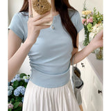 2026 Summer New Dopamine Light Blue Collar Front Shoulder Short Flying Sleeve T-Shirt Folds To The Waist Thin Top Lady