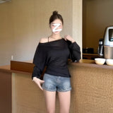 Thin Slim Cross-Slanted Shoulder Long-Sleeved T-Shirt Girl 2025 Spring And Summer Large-Size Fat Mm Sun Protection Hoodie T-Shirt T-Shirt