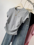 Short-Sleeved T-Shirt Female Gray Love Embroidery Short Model 2025 New Design Embroidery Shoulder Blouse Hottie