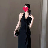 French Elegant Red Hanging Neck Sling Dress Women Summer New Hottie Sexy Back Temperament Waist Dress
