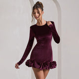 Autumn And Winter New Folded Hem Body Half-Dress Temperament Collar Long-Sleeved Velvet Three-Dimensional Dress