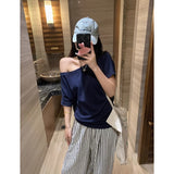 White Oblique Shoulder Short Sleeves Shoulder Collared Sexy T-Shirt Girl Summer Sweet Hot Girl Loose Meat Mask Top