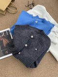 Gentle Retro Kitten Embroidered Round Collar Knitted Cardigan Girl Warm White Klein Blue Sweater Jacket Autumn