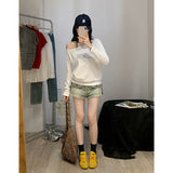 Milk Green Oblique Shoulder Pure Lusty Long-Sleeved T-Shirt Girl Early Autumn Shoulder Relaxation Feeling Lazy Bottom Top