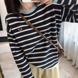 Crash Striped Smiley Face Round Collar Knitted Bottom Shirt Women's Spring And Autumn Design Sense Loose Lazy T-Shirt Top