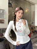 Cat Print Design Feels White Bottom Shoulder With Long-Sleeved T-Shirt 2026 Early Autumn New Thin Top