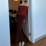 Women's Clothing 2025 Spring And Summer New Fashion Word Shoulder Long-Sleeved Perspective Mesh Splicing Bag Hip Dress