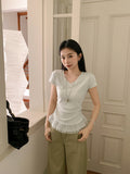 Pure White V-Neck Lace Spliced Short-Sleeved T-Shirt Women 2026 Summer New Straight Shoulder Short Top