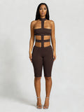 New Solid Color Trend Hollow Body Hanging Neck Elastic Trousers Jumpsuit Woman