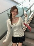 Pure Desire Stripe V-Neck Long-Sleeved Knitted Shirt Women Autumn And Winter Hemp Flower Design Slimming Thin Bottom Shirt Inside The Top