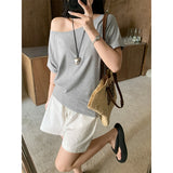 One-Word Shoulder Gray 220G Heavy Cotton Short-Sleeved T-Shirt Girl With Languid Summer Slouching Loose Slanted Shoulders