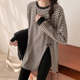 Pure Cotton Large Striped Long-Sleeved T-Shirt Women's Bottoming Shirt In Autumn And Winter With A Long Blouse Loose Belly Cover