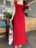 French Gentle Temperament Flying Sleeve Lotus Edge Splicing Dress Women's Summer New Wave Point Square Sling Skirt