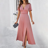 Dili Women's Clothing 2025 Spring And Summer Temperament Elegant Body Solid Color V-Neck Open Fork Dress